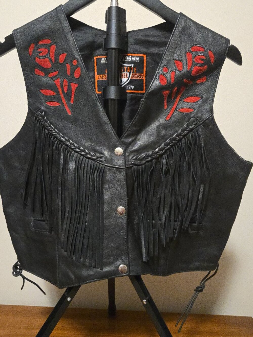 Interstate Leather Vintage Black Vest - Side Lace/Red Roses with Pockets